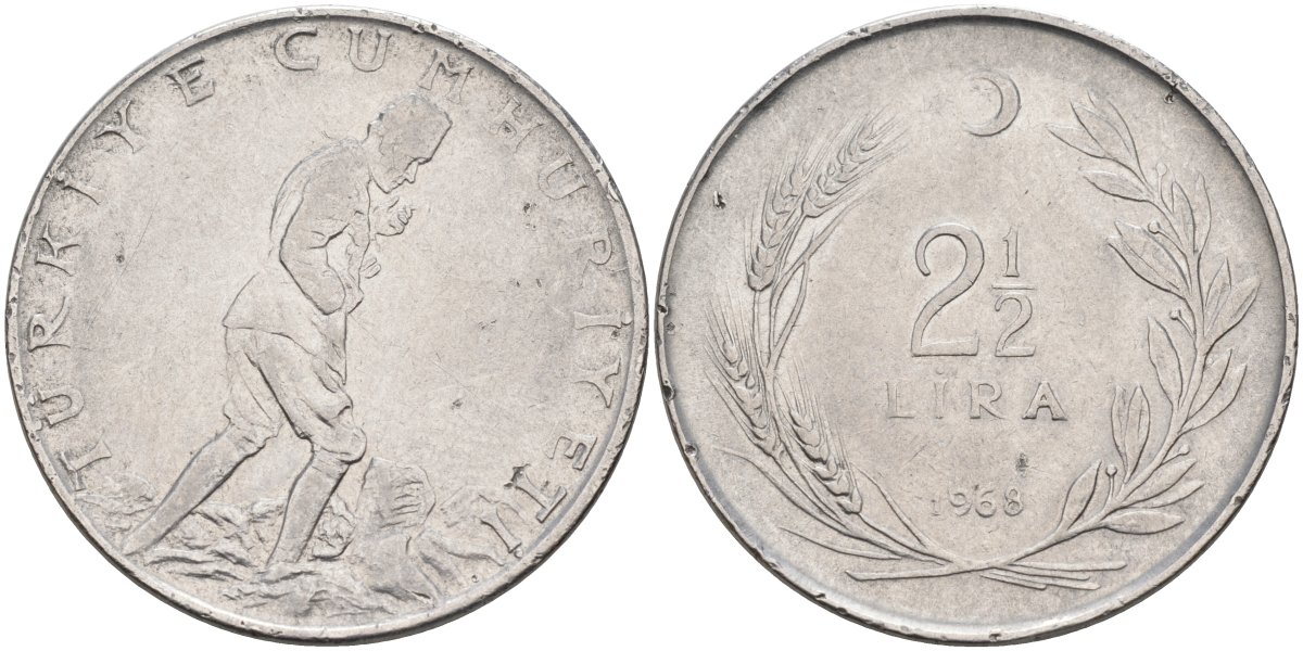 Турция 2 1/2 лиры 1968 KM 893.1 нержавеющая сталь 4574-1043