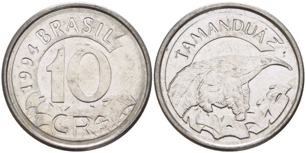 Бразилия 10 крузейро реал 1994 муравьед KM 628 нержавеющая сталь 4388-314