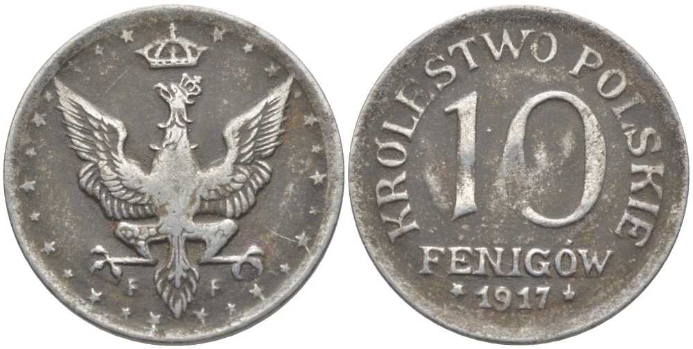 ПОЛЬША 10 ФЕНИГОВ 1917 FF, ПЕРВАЯ МИРОВАЯ ВОЙНА, ГЕРМАНСКАЯ ОККУПАЦИЯ, ЛЕГЕНДА НЕ КАСАЕТСЯ КРАЯ KM 6 железо 113-413