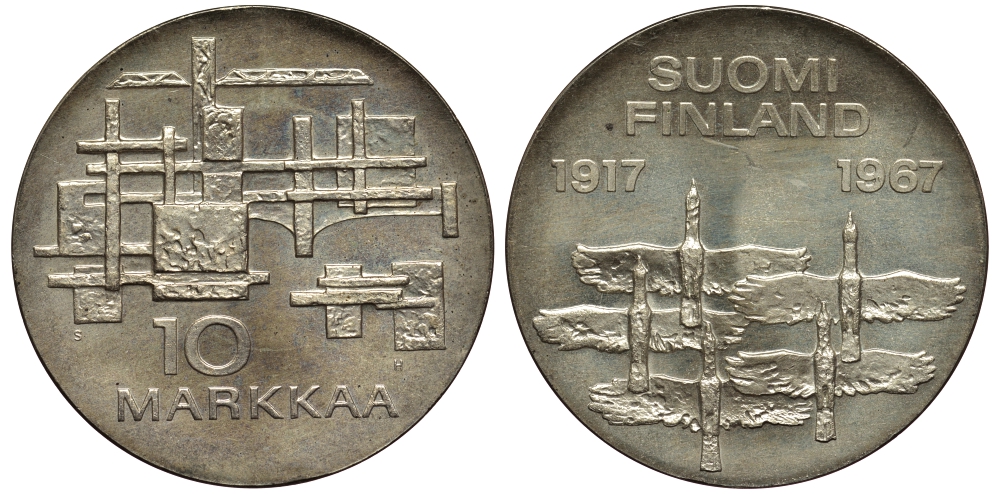 Финляндия 10 марок 1967 S-H, 50 лет независимости (1917-1967), в оригинальном холдере KM 50 серебро    01-183-34