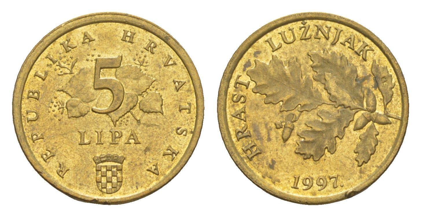 Хорватия 5 лип 1997 дуб, нечетный год KM 5 сталь плакированная латунью aUNC 3334-1166