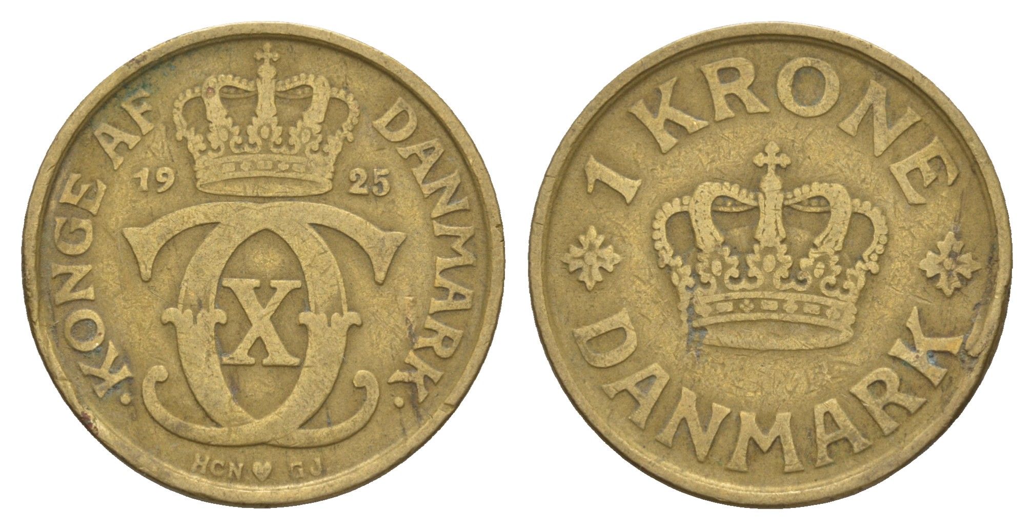 Дания 1 крона 1925 HCN, Кристиан X (1912-1947) KM 824 алюминиевая бронза 4657-326