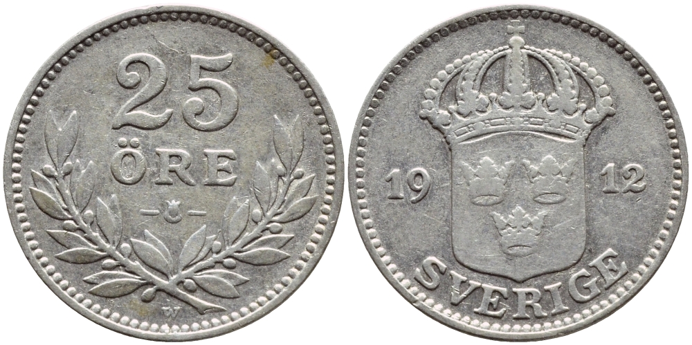 Швеция 25 эре 1912 W, Густав V (1907-1950) KM 785 серебро 1530-615