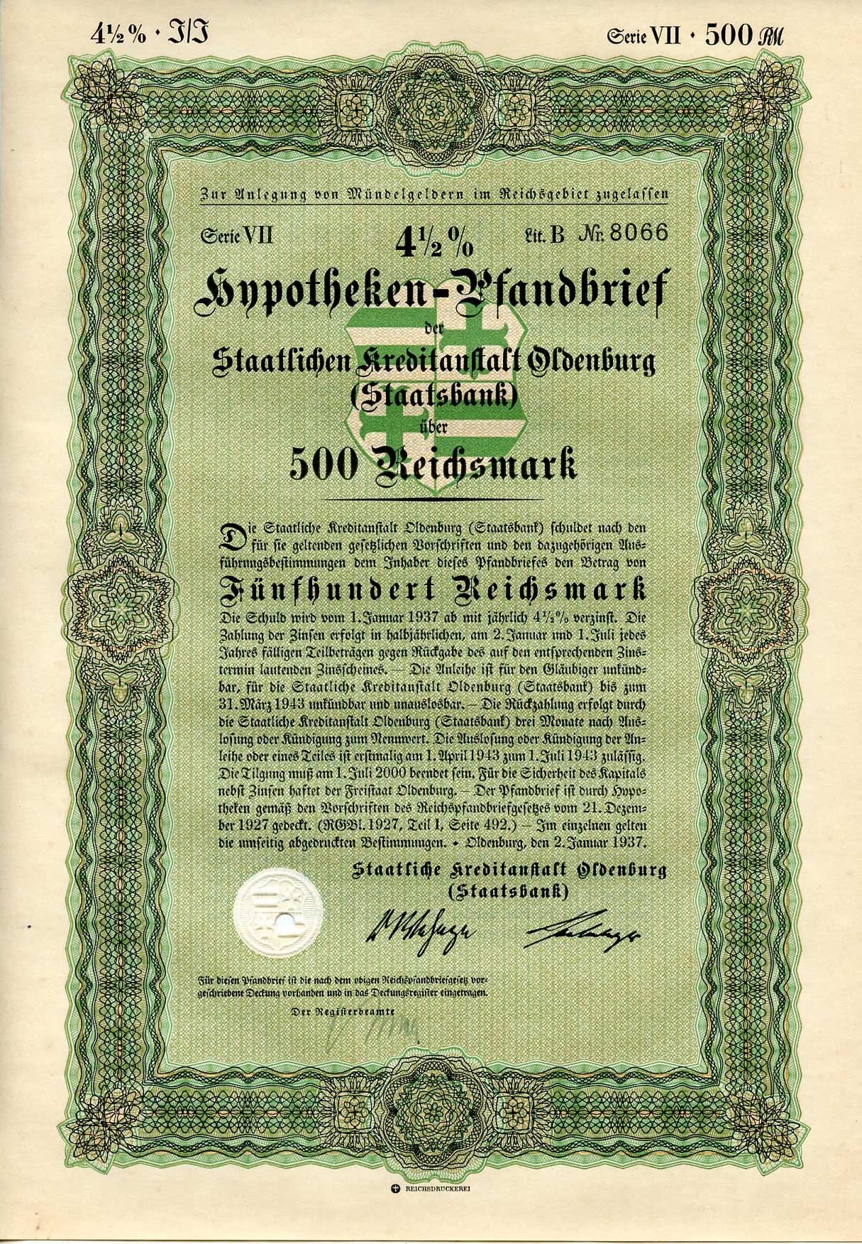 Германия 500 рейхсмарок 1937 Государственное кредитное учреждение Ольденбурга (Государственный банк), ипотечный залог под залог 4-1/2%, облигация   бумага   8802-11-1