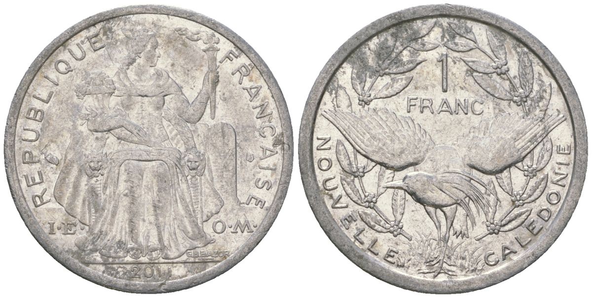 Французская Новая Каледония 1 франк 2011 птица кагу, (IEOM) KM 10, Schoen 10 алюминий 36-322