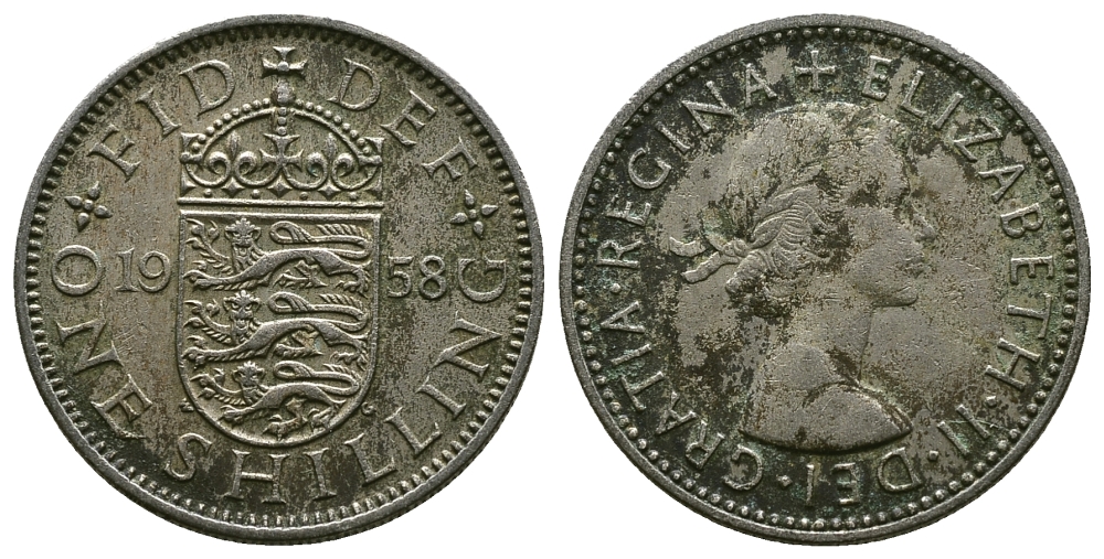 Великобритания 1 шиллинг 1958 Елизавета II (1952-2022), Английский герб KM 904, Spink 4147 медно-никель 4384-352