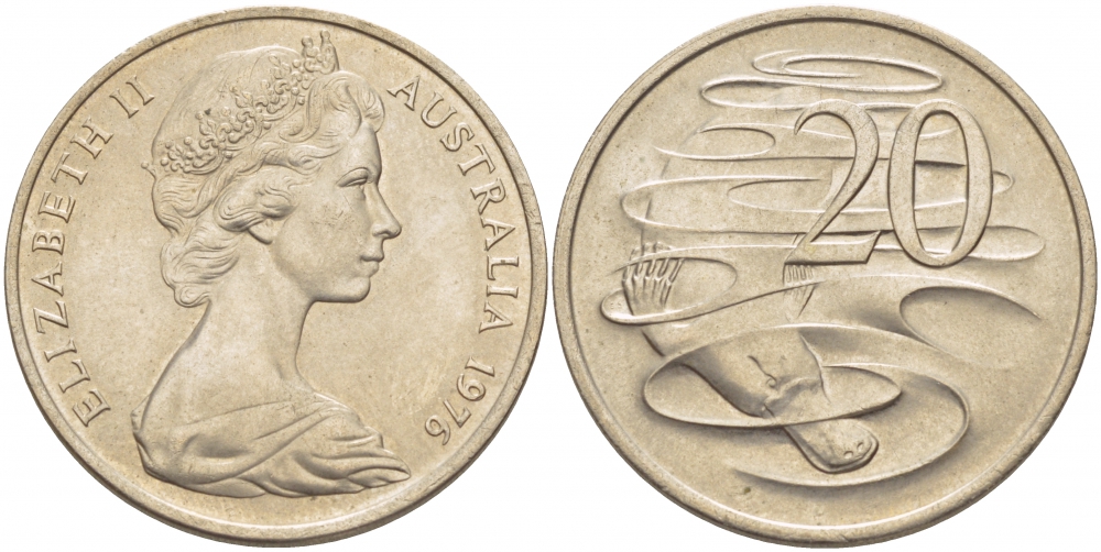 Австралия 20 центов 1976 Елизавета II (1952-2022), утконос KM 66 медно-никель UNC 115-946