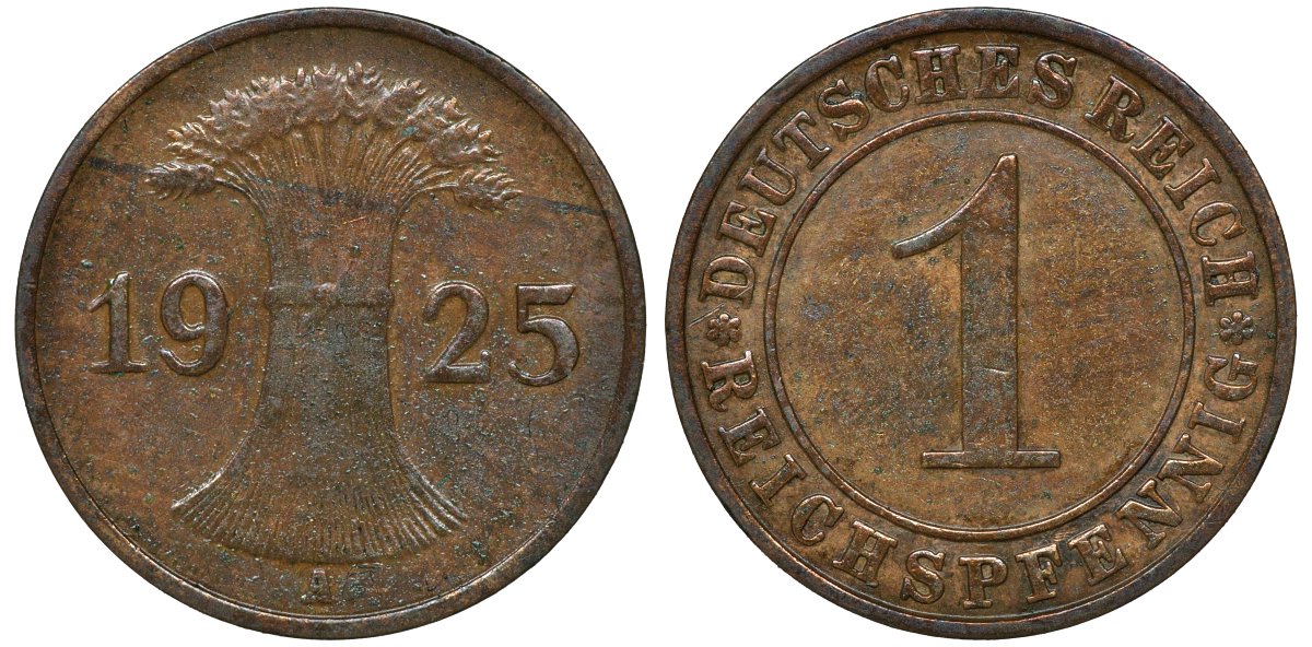 ГЕРМАНИЯ 1 РЕЙХСПФЕННИГ 1925 А KM 37, J. 313 бронза 72-1136