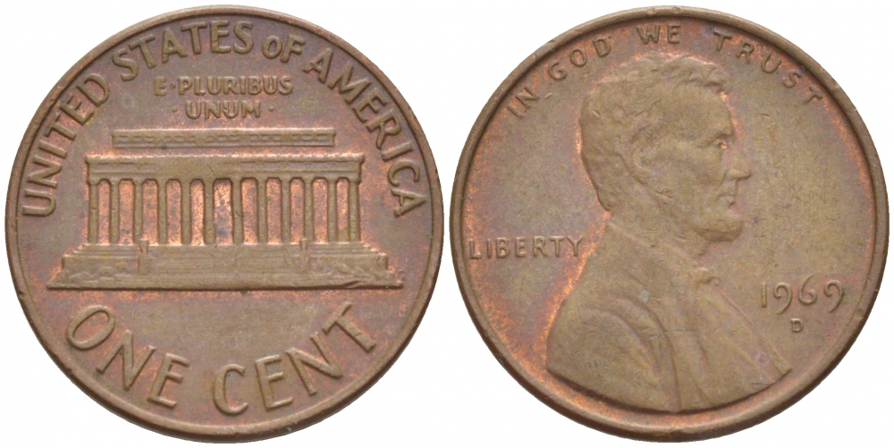 США 1 ЦЕНТ 1969 D, ЛИНКОЛЬН KM 201 медь цинк 3851-1033