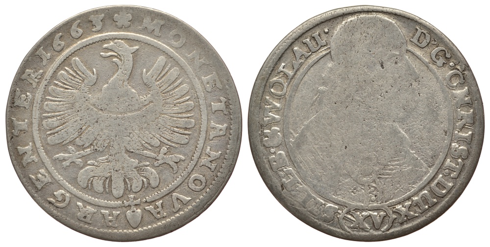 Силезия-Легница-Бжег 15 крейцеров 1663 Кристиан (1639-1673) серебро 413-814