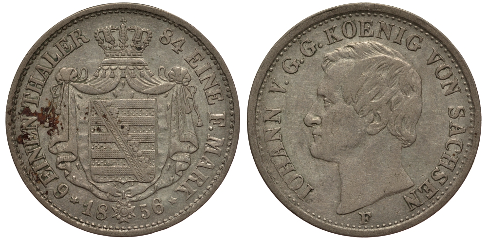 САКСОНИЯ 1/6 ТАЛЕРА 1856 F, ИОГАНН (1854-1873) KM 1186 серебро 1517-725
