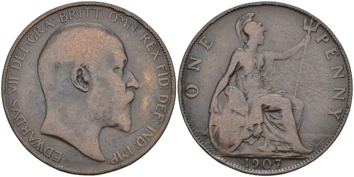 Великобритания 1 пенни 1907 Эдуард VII (1901-1910) KM 794.2, Sp 3990 бронза 4117-733