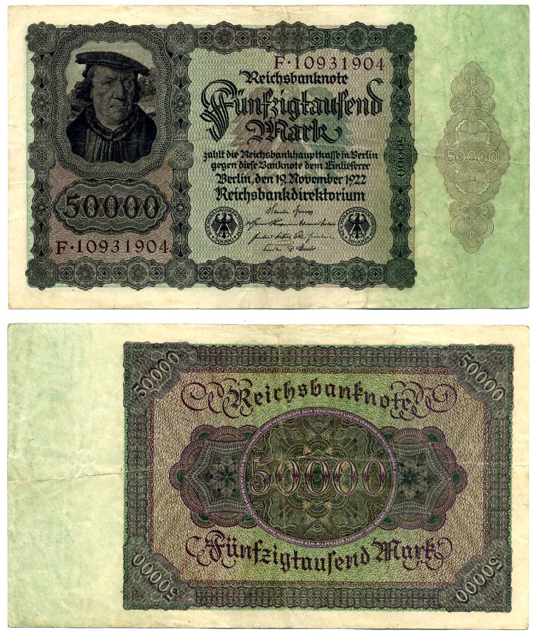 Германия 50000 марок 1922 19 ноября 1922, выпуск (февраль 1923-5 Июля 1925), номер восьмизначный, серия F 10931904 Pick 80, Розенберг 78 бумага 2194-8-2-1