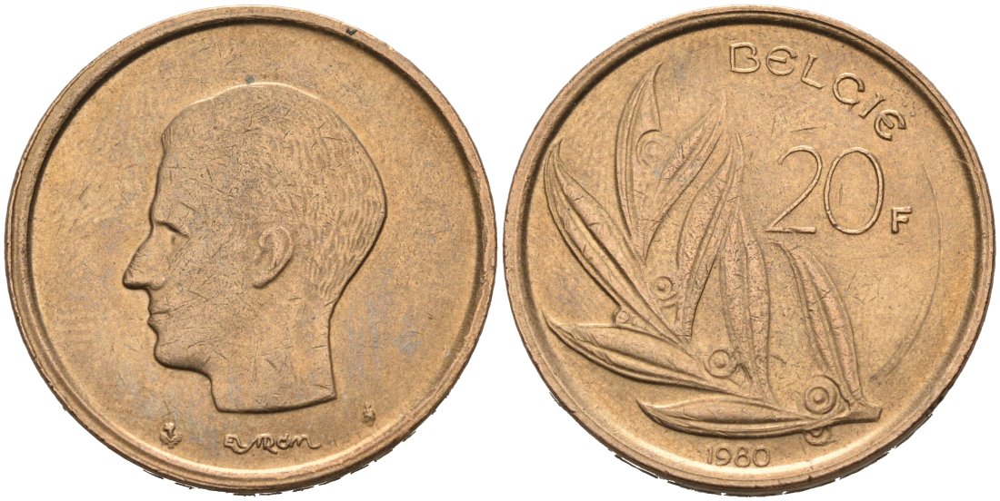 Бельгия 20 франков 1980 Belgie, БОДУЭН I KM 160 никель бронза 190-914