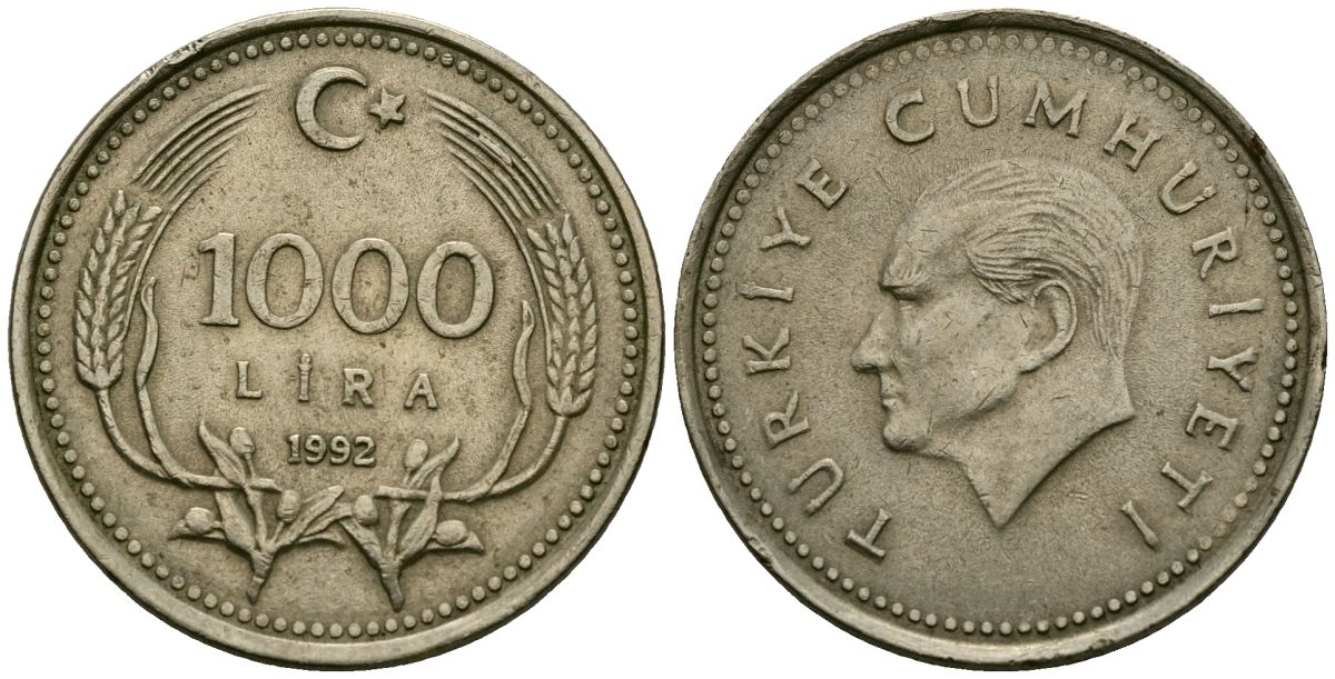 Турция 1000 лир 1992 Кемаль Ататюрк KM 997 медь цинк никель 4171-1137