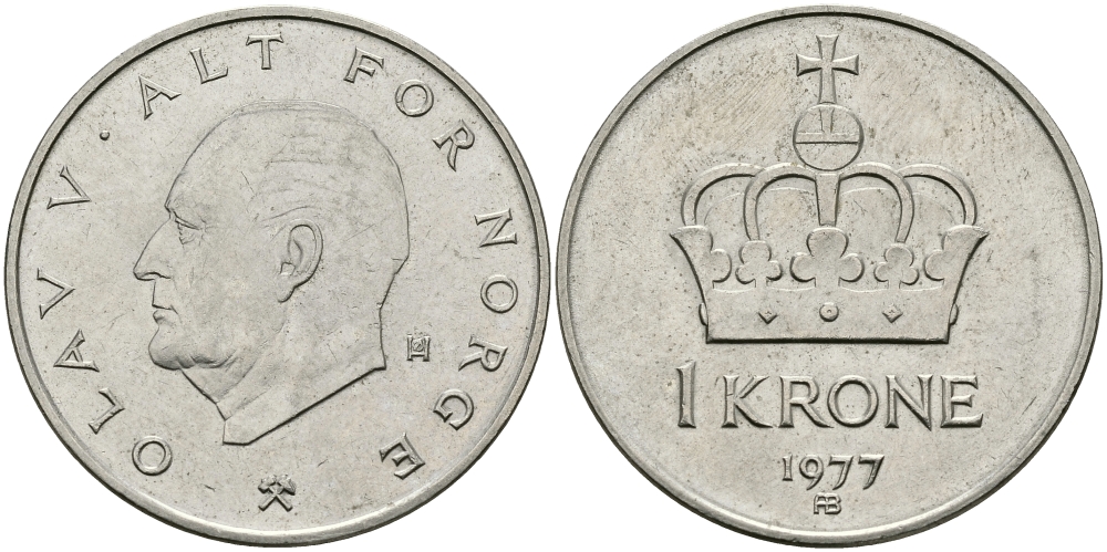 НОРВЕГИЯ 1 КРОНА 1977 KM 419 медно-никель 94-544