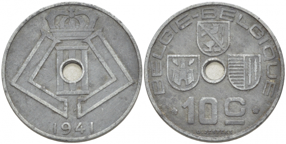 БЕЛЬГИЯ 10 САНТИМОВ 1941 BELGIE-BELGIQUE, ГЕРМАНСКАЯ ОККУПАЦИЯ, ВТОРАЯ МИРОВАЯ ВОЙНА KM 126 цинк 3718-542