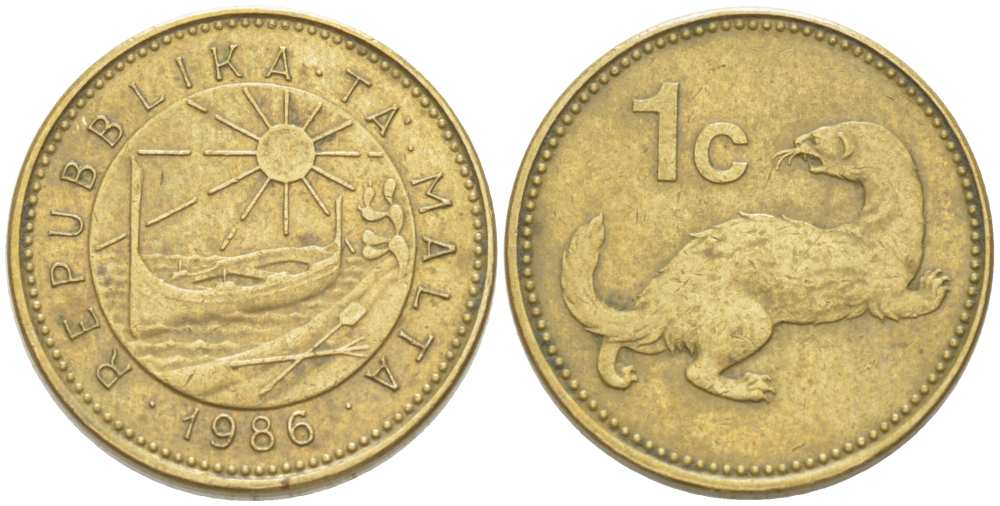 Мальта 1 цент 1986 Ласка, горностай KM 78 никель латунь 217-1033