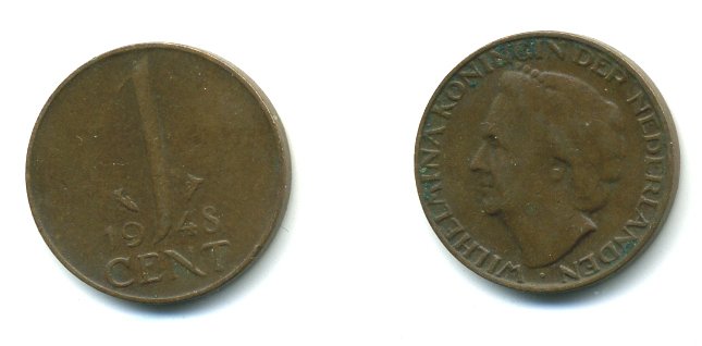 Нидерланды 1 цент 1948 Вильгельмина (1890-1948), год тип KM 175 бронза 54-463
