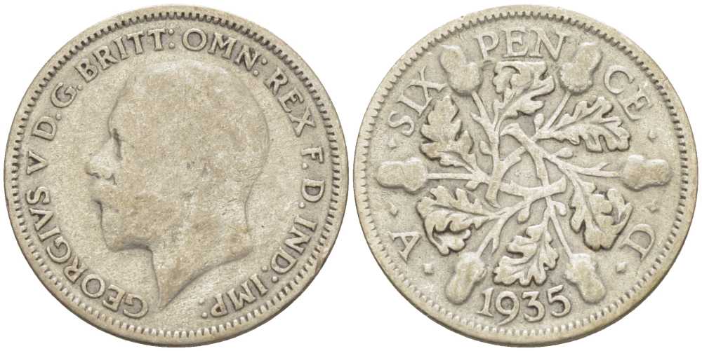 Великобритания 6 пенсов 1935 Георг V (1910-1936) KM 832, Spink 4041 серебро 26-835