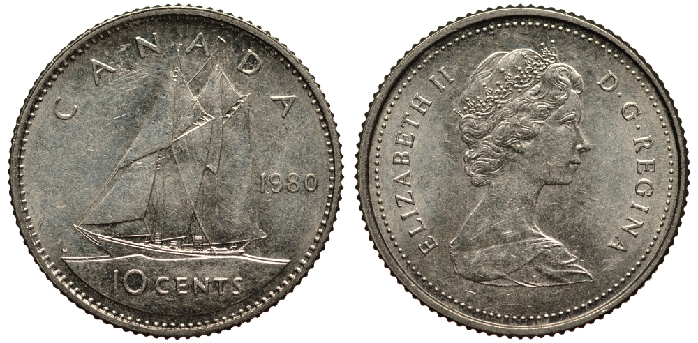 КАНАДА 10 ЦЕНТОВ 1980 ПАРУСНИК KM 77.2 никель XF 4181-339