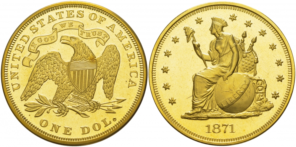 США 1 ДОЛЛАР 1871 КОПИЯ ИЗВЕСТНОЙ РЕДКОЙ МОНЕТЫ, ЖЕЛТЫЙ МЕТАЛЛ PROOF 1088-3-23