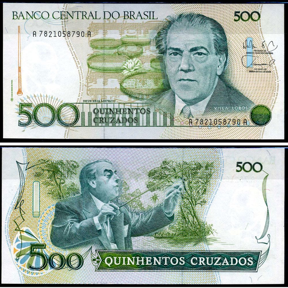 Бразилия 500 крузадо ND (1986-1988) серия A 7821, 100 лет со дня рождения Эйтор Вилла-Лобос Pick 212 d бумага UNC (пресс) 7148-3-3-2