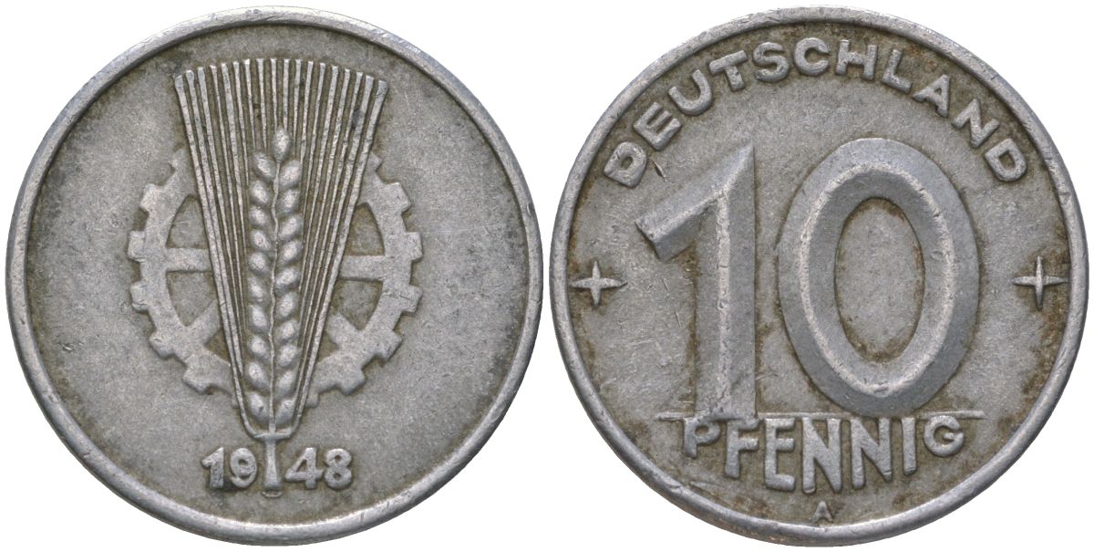 ГДР 10 пфеннигов 1948 A KM 3 алюминий 206-619