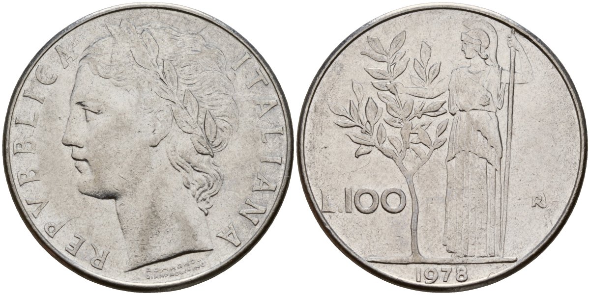 Италия 100 лир 1978 R, Афина у оливкого дерева KM 96.1 нержавеющая сталь 4149-1226