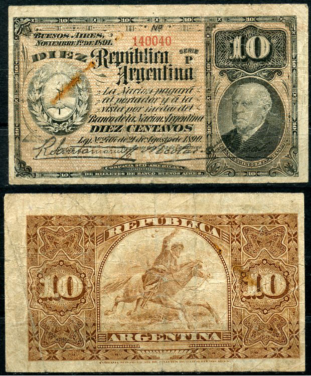 Аргентина 10 сентаво 1891 серия Р 140040, 1 ноября 1891, Доминго Фаустино Сармьенто Pick 210  бумага   451-470-3-2