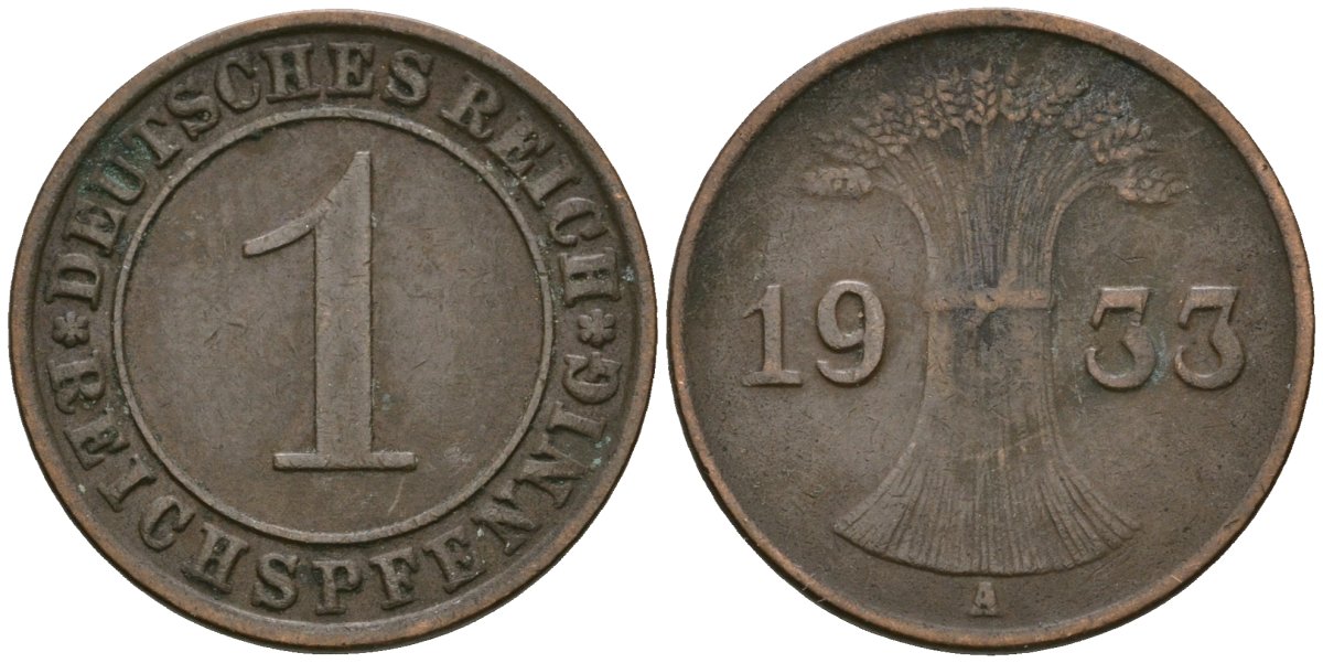 Германия 1 рейхспфенниг 1933 A KM 37, J. 313 бронза 4189-1155