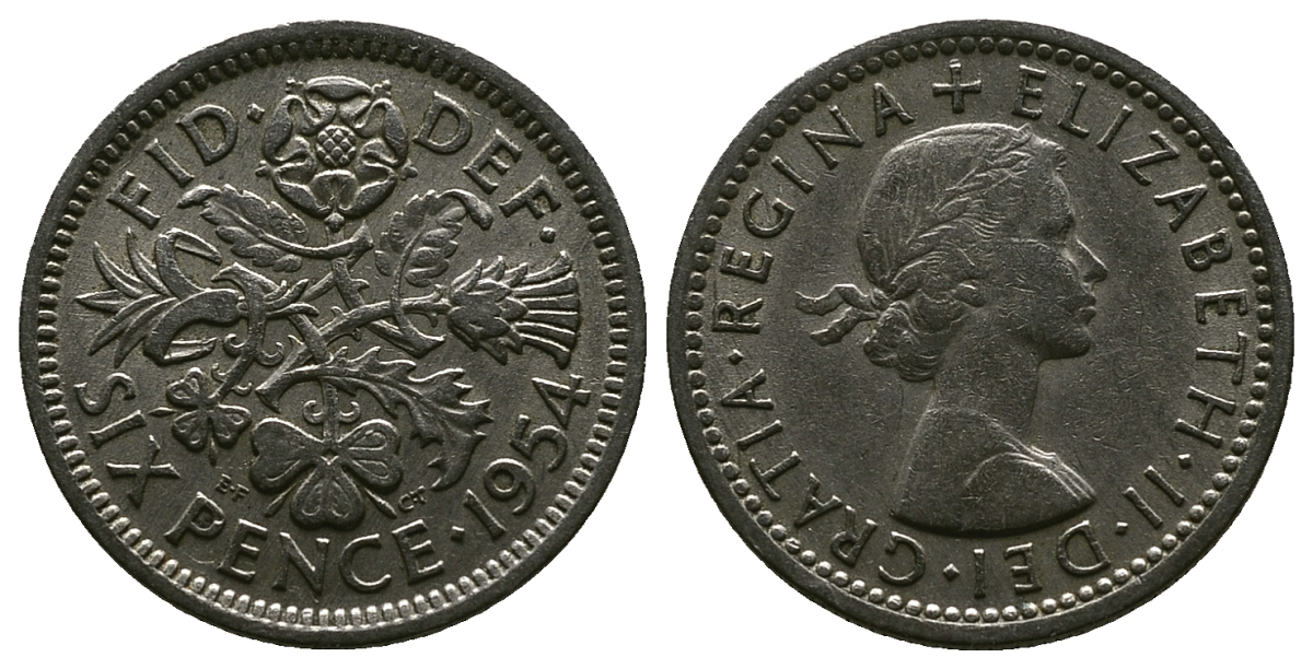 Великобритания 6 пенсов 1954 Елизавета II (1952-2022) KM 903, Spink 4149 медно-никель 4381-637