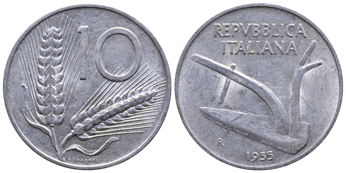 ИТАЛИЯ 10 ЛИР 1955 R, КОЛОСЬЯ, ПЛУГ KM 93 алюминий 4385-1046