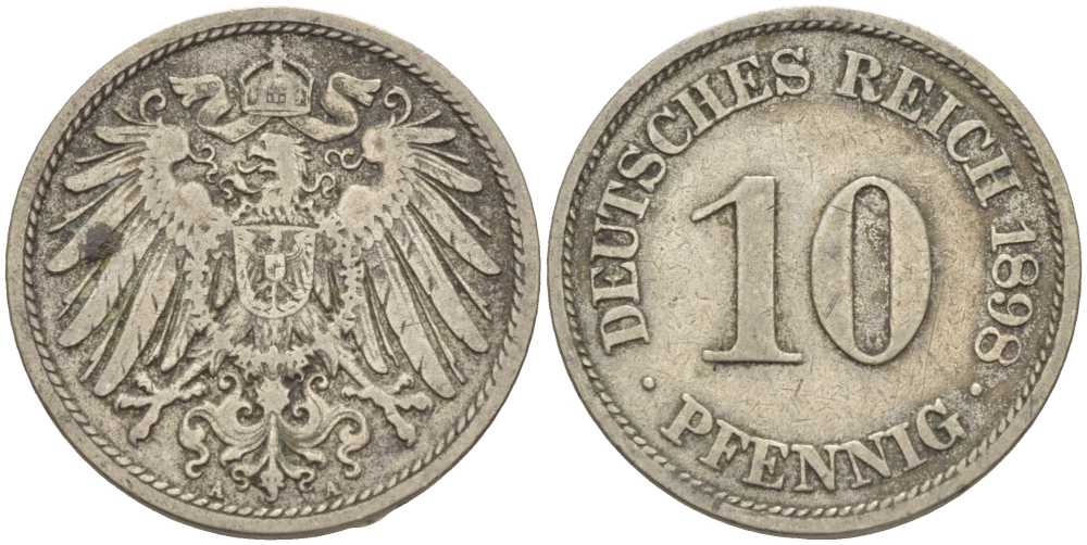ГЕРМАНИЯ 10 ПФЕННИГОВ 1898 A KM 12, J. 13 медно-никель 4401-1041