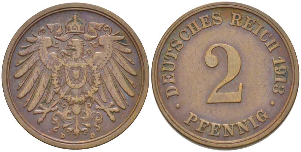 Германия 2 пфеннига 1913 D KM 16, J. 11, Weege 4 медь 206-632