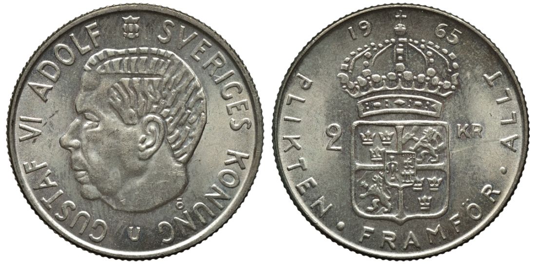 Швеция 2 кроны 1965 U, Густав VI Адольф (1950-1973) KM 827 серебро UNC 221-612