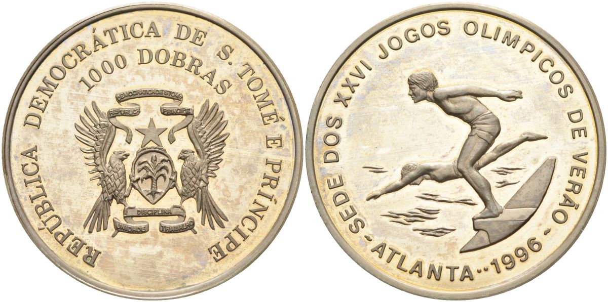 Сан-Томе и Принсипи 1000 добра 1996 XXVI Олимпийские игры 1996 года в Атланте, плаванье KM 63 медно-никель PROOF 4368-1014