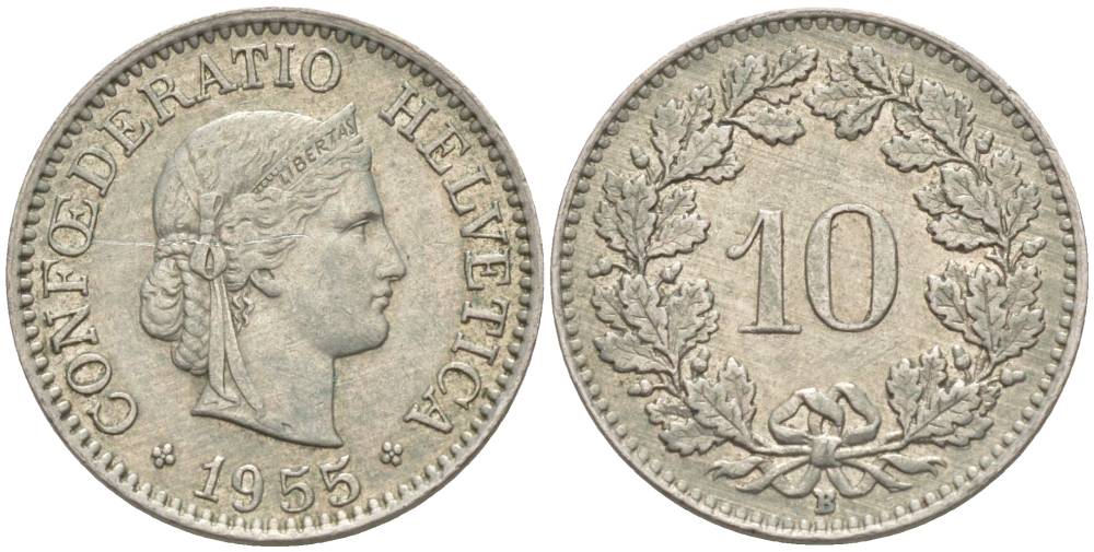 ШВЕЙЦАРИЯ 10 РАППЕНОВ 1955 В KM 27 медно-никель 55-243