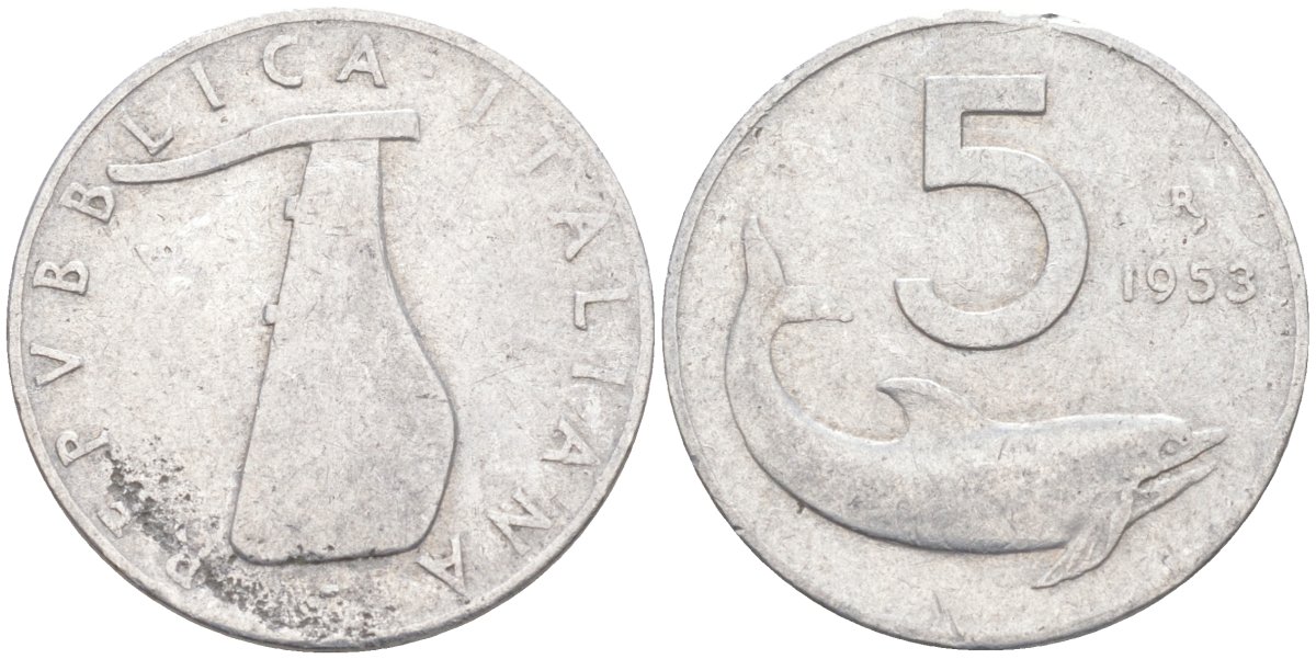 Италия 5 лир 1953 R, дельфин, плуг KM 92 алюминий 4551-714