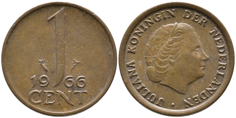 НИДЕРЛАНДЫ 1 ЦЕНТ 1966 ЮЛИАНА KM 180 бронза 96-1229