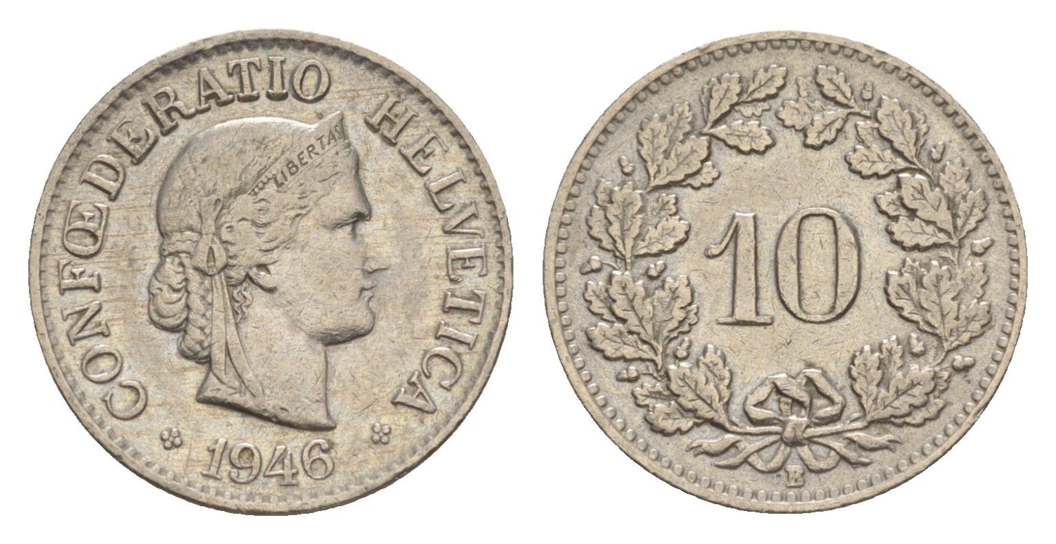Швейцария 10 раппенов 1946 B KM 27 медно-никель 4609-641