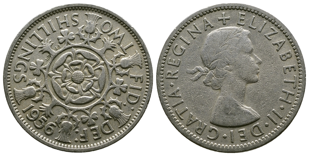 Великобритания 2 шиллинга (флорин) 1956 Елизавета II (1952-2022) KM 906, Spink 4146 медно-никель 4607-924