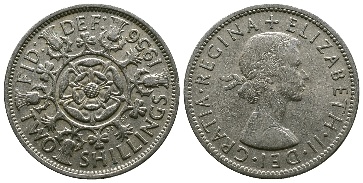 Великобритания 2 шиллинга (флорин) 1956 Елизавета II (1952-2022) KM 906, Spink 4146 медно-никель 4607-931