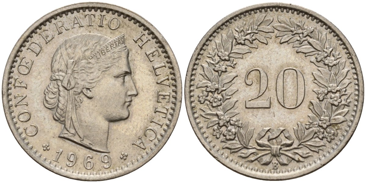 Швейцария 20 раппенов 1969 B KM 29a медно-никель 4187-556
