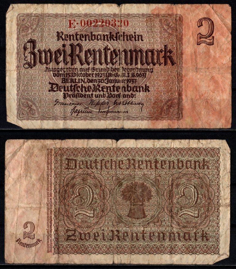Германия 2 рентенмарки 1937 Pick 174 b(2) бумага 7203-65-1-2