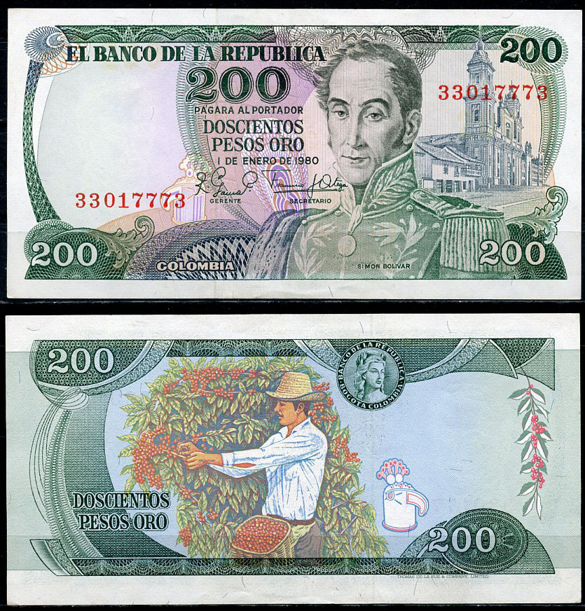 Колумбия 200 песо 1980 Симон Боливар, сбор урожая кофе Pick 419 a  бумага  UNC (пресс) 7203-5-1-2