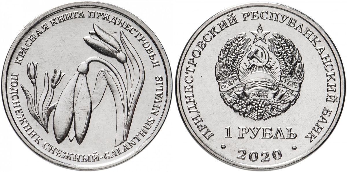 Приднестровье 1 рубль 2020 серия красная книга, подснежник снежный MD-TR-000353 никелированная сталь UNC M62-13