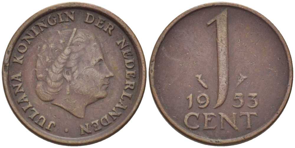 Нидерланды 1 цент 1953 Юлиана (1948-1980) КМ 180 бронза 66-835