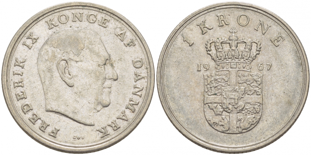 ДАНИЯ 1 КРОНА 1967 C; S, ФРЕДЕРИК IX (1947-1972) KM 851.1 медно-никель 213-1217