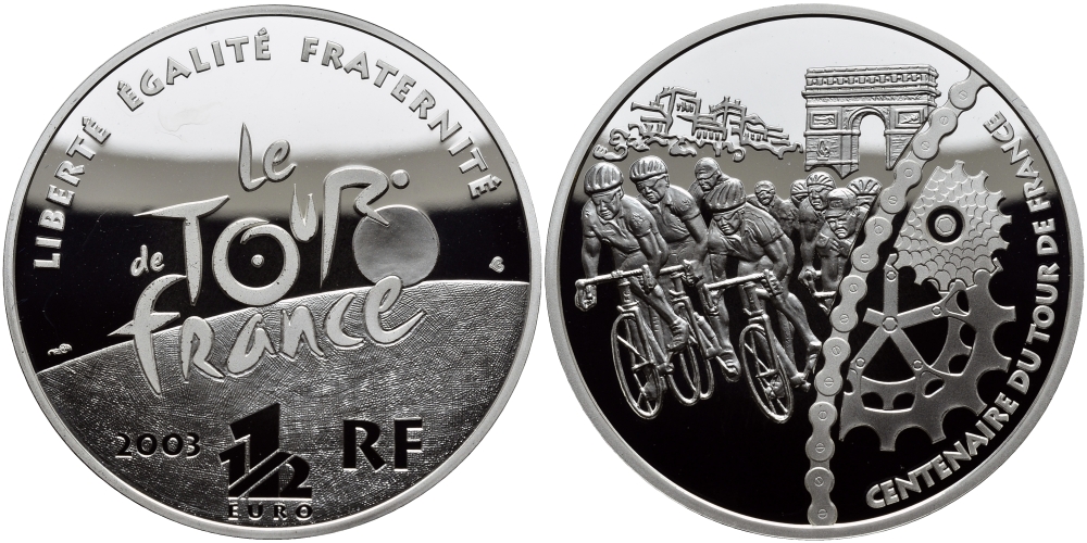 Франция 1 1/2 евро 2003 100 лет велогонкам Тур де Франс, велосипедисты и триумфальная арка KM 1322 серебро PROOF 1095-3-52